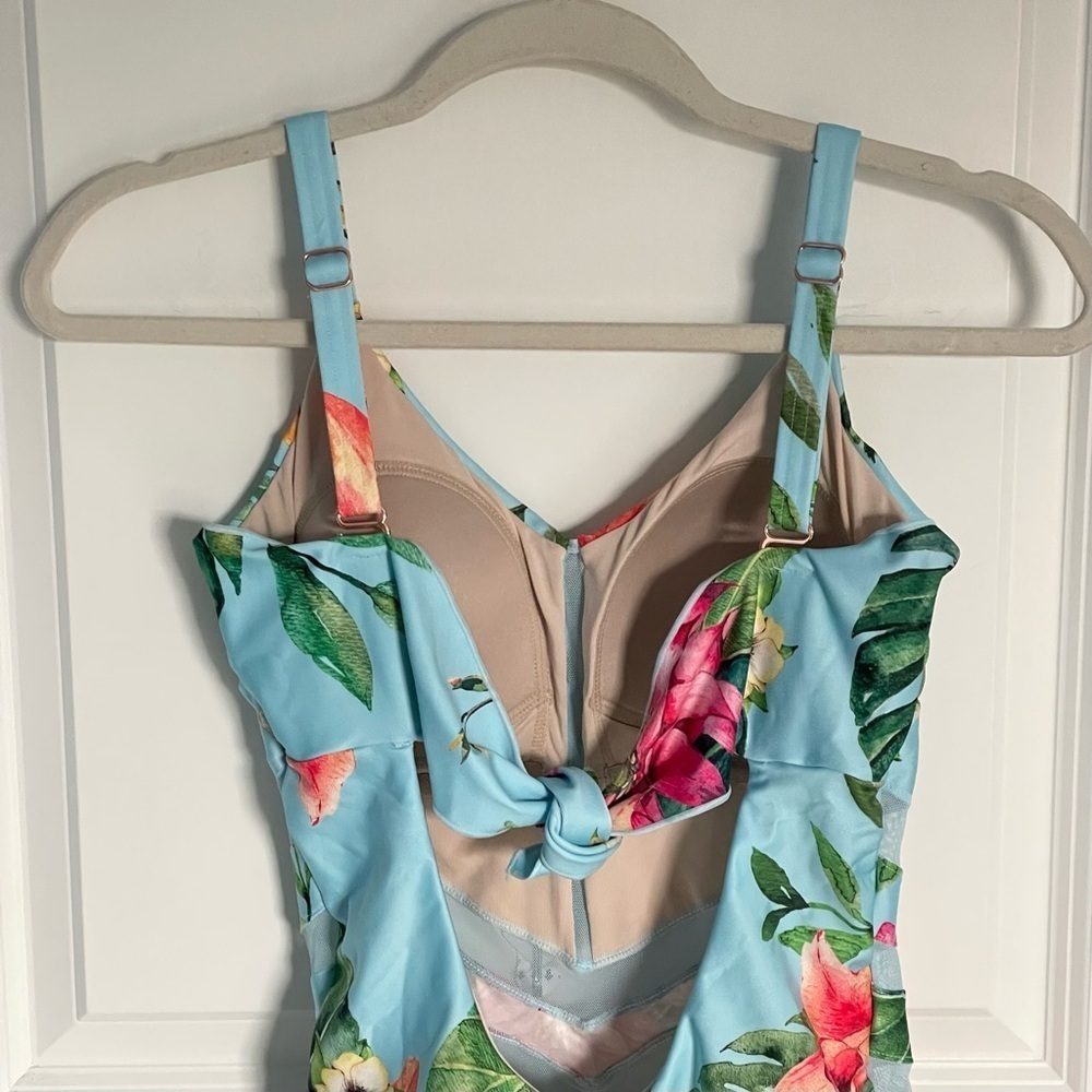 New! Leonisa Blue Floral Mesh Cutout Slimming One-Piece Swimsuit - 35123 - Picture 9 of 13